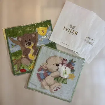 새상품 FEILER 곰 자수 손수건 2장 세트 기프트용 봉투 포함