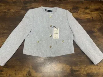 택 포함 새상품 ZARA 스카이블루 텍스처 라운드넥 블레이저 트위드 자켓