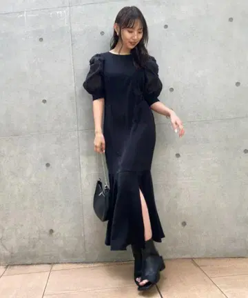 백리본 머메이드 원피스 블랙