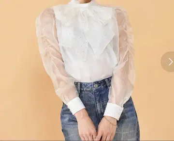 다리치 스터드 시어 보타이 블라우스 (화이트)입니다