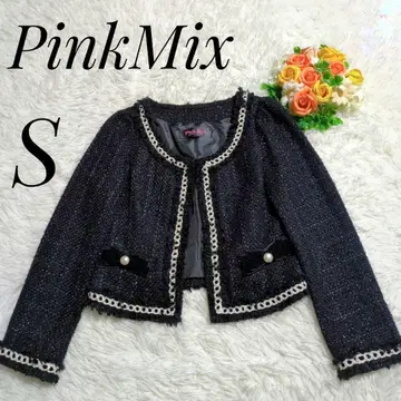 PinkMix 블랙 트위드 라메 비쥬 리본 자켓 S 귀여운