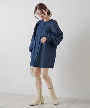 kastne 네이비 벌룬 슬리브 원피스