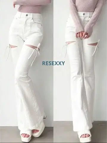 택 포함 새상품 RESEXXY 컷 아웃 리본 데님 팬츠 ( 화이트 )