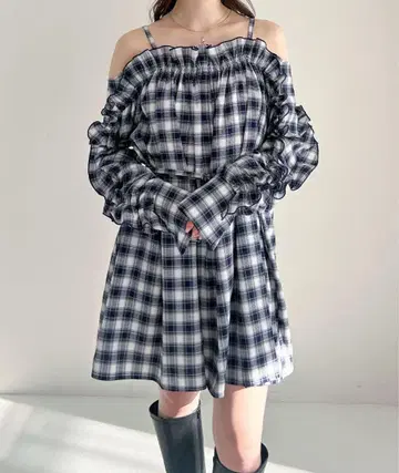Heather 옴브레 체크 프릴 미니 원피스 체크 무늬