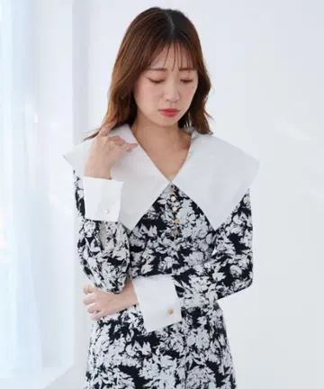 MAJESTIC LEGON 빅 칼라 꽃무늬 원피스 블랙 S