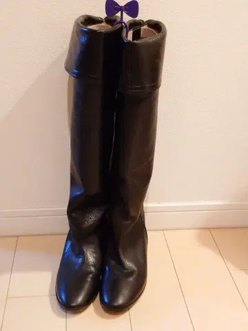 JILLSTUART 블랙 레더 롱 플랫 부츠 22cm
