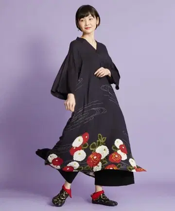 겨울 모란 기모노 원피스 블랙