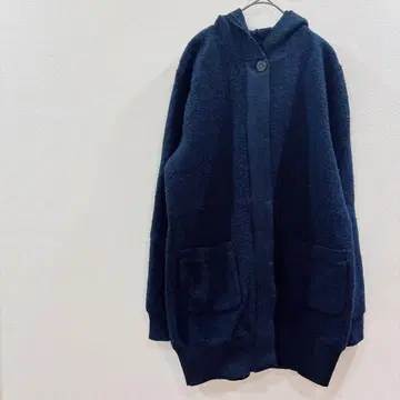 네이비 후드 부착 롱 가디건 양모 80%