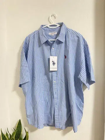 U.S. POLO ASSN. 반팔 셔츠 L 파랑과 화이트 스트라이프