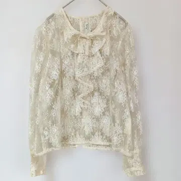 도쿄 블라우스 주얼리 아이보리 레이스 긴팔 블라우스 비침 리본
