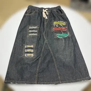 다크 데님 패치워크 롱 스커트