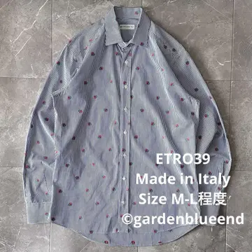 ETRO 39 장미 자수 스트라이프 셔츠 이탈리아제 블루 드레스 셔츠