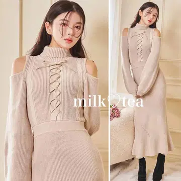 택 포함 새상품 다리치 레이스업 케이블 니트 롱 원피스 아이보리