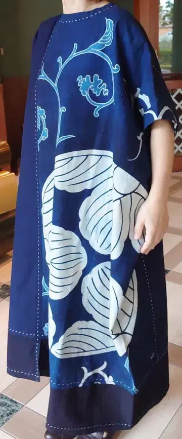 빈티지 원단 네이비 나염 통 문양 롱 원피스 반팔 프리 사이즈