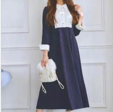 tocco closet 펄 비쥬 장식 요크 절개 배색 원피스