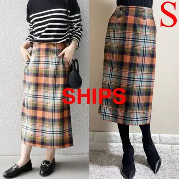 ships SHIPS 쉽스 울 체크 롱 스커트 S 오렌지