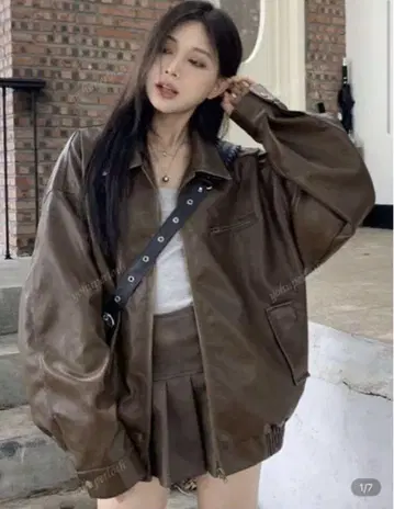여성용 캐주얼 루즈핏 드롭 숄더 긴팔 브라운 PU 자켓
