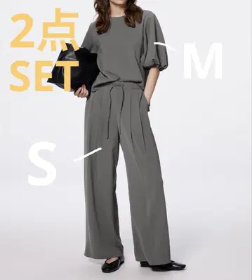 [ SET ] 버블 슬리브 블라우스 드레이프 와이드 팬츠