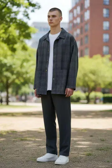 그레이 체크 무늬 긴팔 셔츠