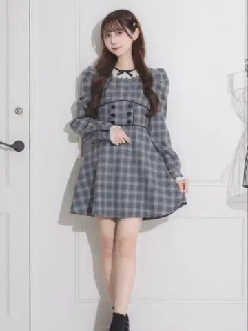 pium 코튼 레이스 칼라 코르셋 미니 원피스 그레이 체크