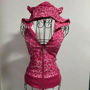 JSG 고양이 귀 후드티 핑크 레오파드 무늬 후드 부착 후드티