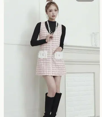 다리치 프론트 지퍼 트위드 미니 원피스 핑크 FL