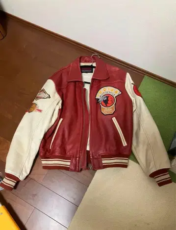 인디언 모터사이클 가죽 바시티 자켓 빨간색/아이보리 올가죽