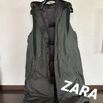 ZARA 후드 부착 롱 베스트 올리브 그린