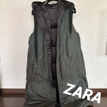 ZARA 후드 부착 롱 베스트 올리브 그린