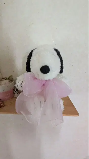 스누피 봉제 인형 중형 핑크 리본