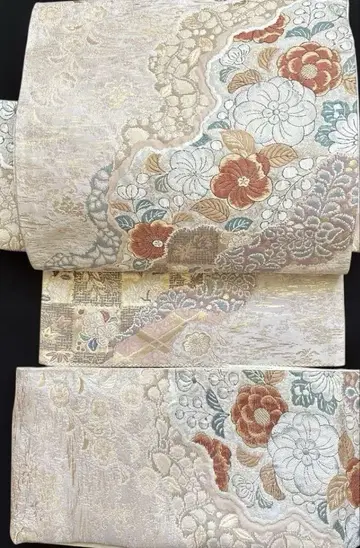 츠지카 오키나 금 크림 바탕 순수 실크 후쿠로 오비 이중 북 만들기 오비