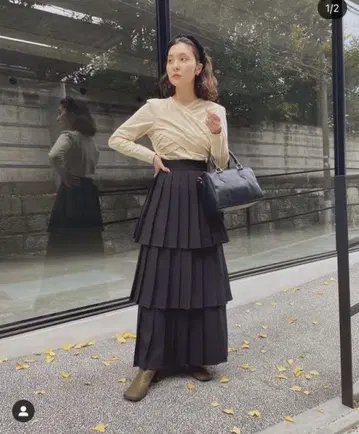 [ RANDEBOO ] 플리츠 쓰리 스커트 블랙