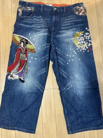카라쿠리타마시 110 자수 데님 팬츠 일본풍 디자인