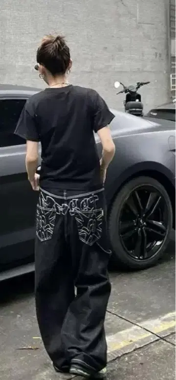 자수 초와이드 배기 데님 와이드 블랙 청바지 한국 스트릿 그런지