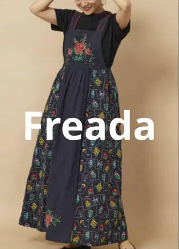 [ Freada ] 플라워 자수 에이프런 드레스 네이비