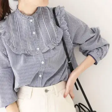 SLOBE IENA 코튼 실크 프릴 블라우스 슬로브 이에나 블루