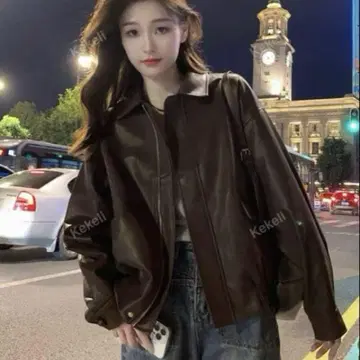 SHEIN*빈티지 브라운 페이크 가죽 자켓