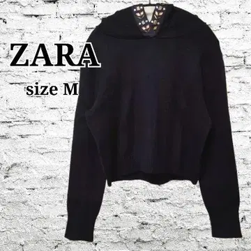 미사용 ZARA 니트 비쥬 부착 후드티 풀오버 후디 네이비
