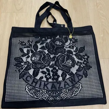 미사용 긴자와 레이스 초대 로즈 패턴 블랙 컬러 레이스 토트백