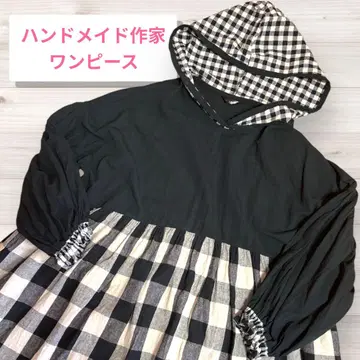 핸드메이드 작가님 코튼 린넨 블록 체크 패턴 후드 부착 원피스 블랙