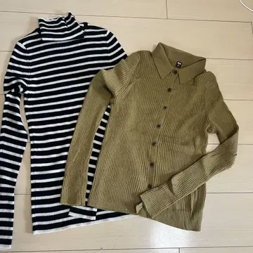UNIQLO 메리노울 니트 2장 보더 터틀, 카라 부착 가디건