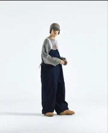 ANGLAN 백새틴 워크 와이드 오버롤 네이비