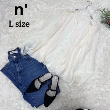 Nissen L 펄 노카라 블라우스 화이트 벌룬 소매 고급