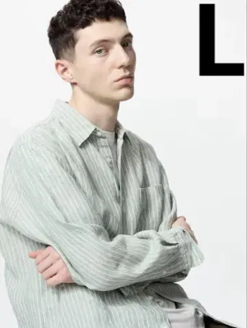 유니클로 프리미엄 린넨 셔츠/스트라이프 (긴팔) L 사이즈 그린 새상품