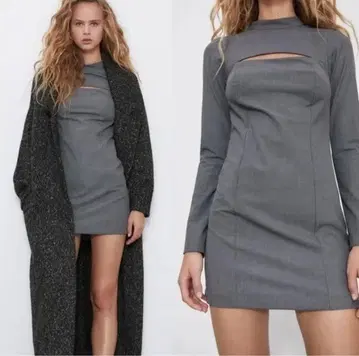 ZARA 그레이 긴팔 미니 원피스 컷 아웃 디자인