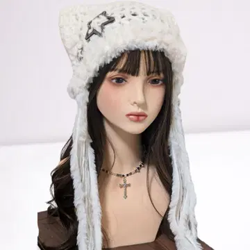참 포함 핸드메이드 고양이 귀 니트 모자 y2k 그런지 복슬복슬 화이트
