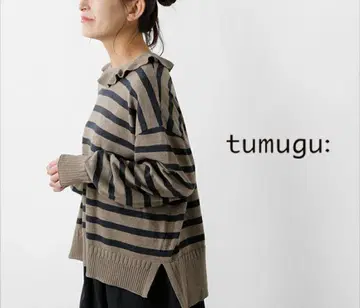 츠무구 tumugu 랜덤 리브 니트 옷깃 달린 풀오버 보더 프릴