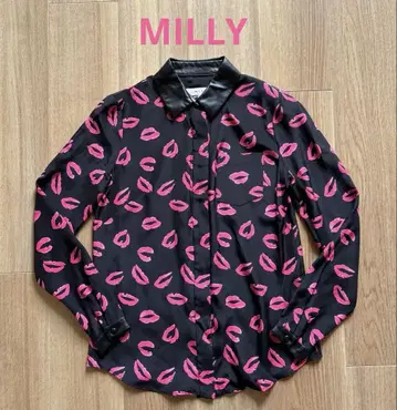 Milly 밀리 실크 100% 립 프린트 긴팔 셔츠 키스마크 입술