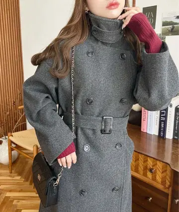 그레이 더블 브레스트 롱 코트