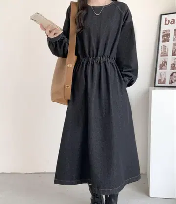 ABITOKYO 볼륨 소매 플레어 데님 롱 원피스